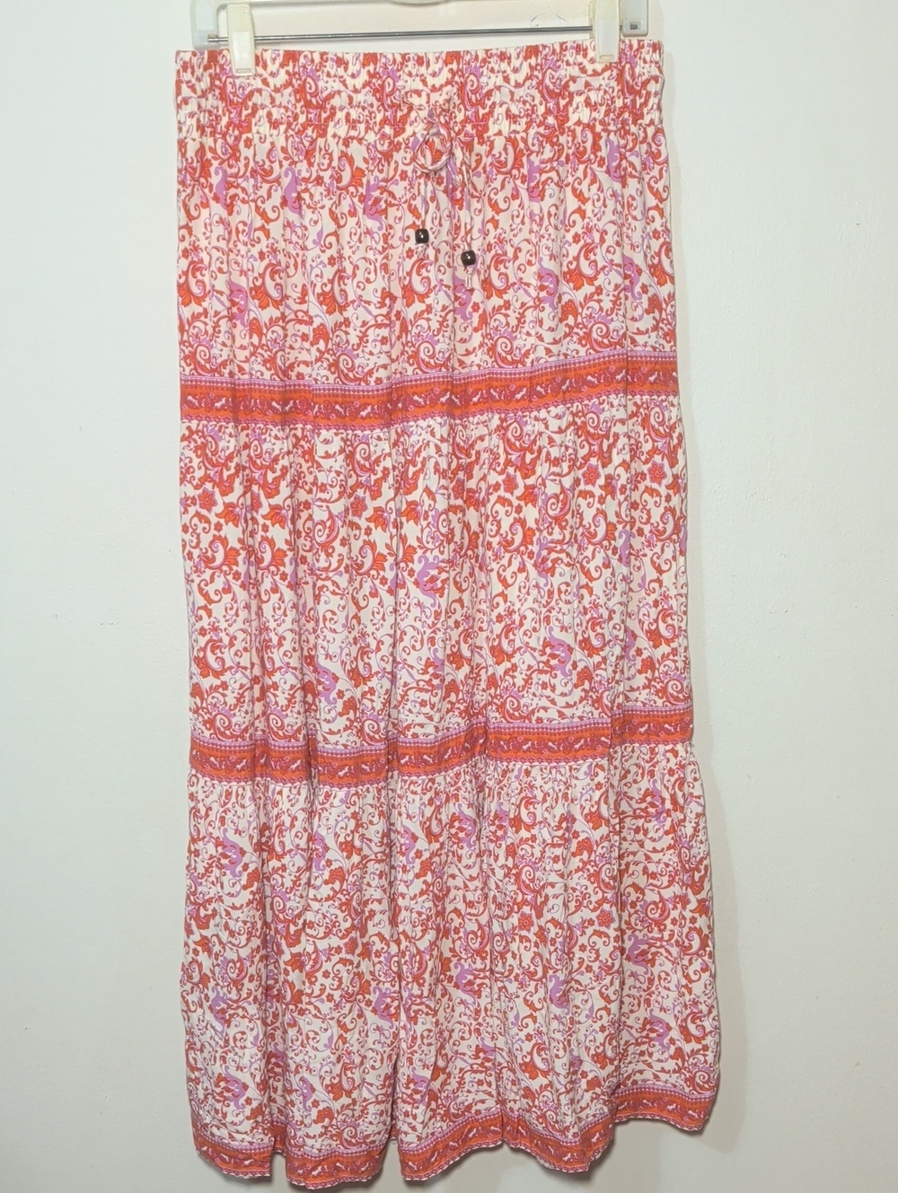 Japna Pink + Cream Floral Paisley Tiered Maxi Skirt Boho Chic Women's Size L